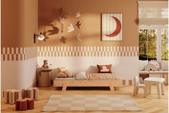 Łóżko pojedyncze dla dzieci ze stelażem PUZZLE Montessori Drewniane