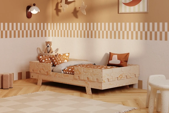 Łóżko pojedyncze dla dzieci z barierkami i stelażem PUZZLE BR2 Montessori Drewniane