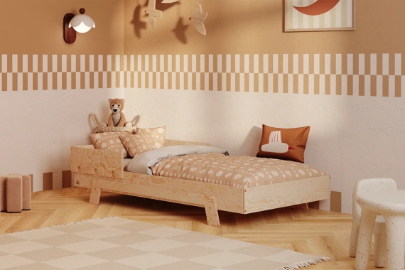 Łóżko pojedyncze dla dzieci z barierką i stelażem PUZZLE BR1 Montessori Drewniane