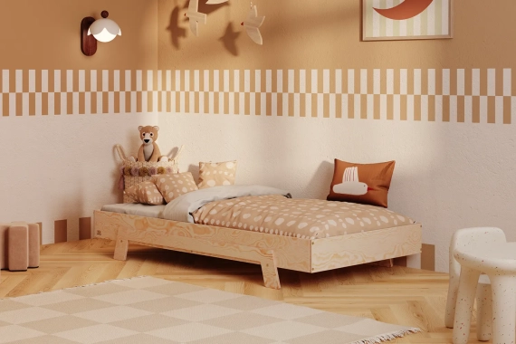 Łóżko pojedyncze dla dzieci ze stelażem PUZZLE Montessori Drewniane