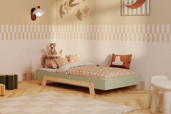 Łóżko pojedyncze dla dzieci ze stelażem PUZZLE Montessori Drewniane