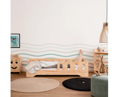 Łóżko pojedyncze dla dzieci z barierką i stelażem TILA 1 Montessori Drewniane