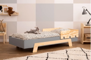 Łóżko pojedyncze dla dzieci z barierką i stelażem PUZZLE BR1 Montessori Drewniane