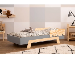 Łóżko pojedyncze dla dzieci z barierką i stelażem PUZZLE BR1 Montessori Drewniane