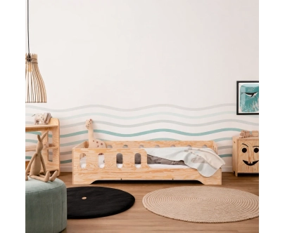 Łóżko pojedyncze dla dzieci z barierką i stelażem TILA 1 Montessori Drewniane