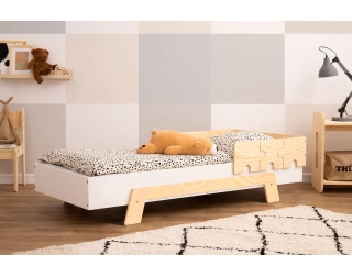 Łóżko pojedyncze dla dzieci z barierką i stelażem PUZZLE BR1 Montessori Drewniane