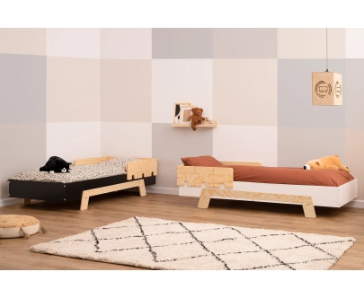 Łóżko pojedyncze dla dzieci z barierką i stelażem PUZZLE BR1 Montessori Drewniane