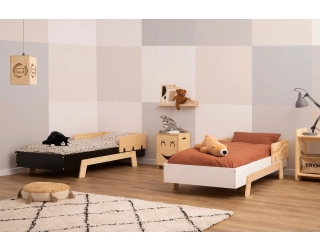 Łóżko pojedyncze dla dzieci z barierką i stelażem PUZZLE BR1 Montessori Drewniane