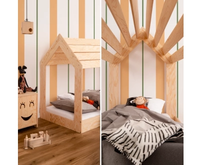 Łóżko domek dla dziecka z niską konstrukcją i stelażem MOON M Montessori Drewniane