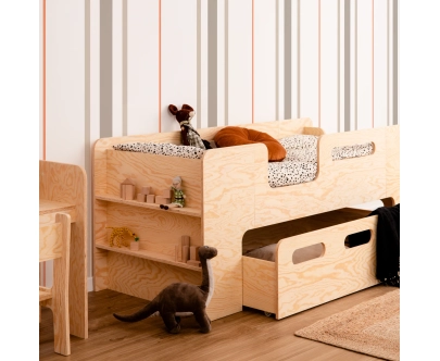 Łóżko dziecięce z szufladą i stelażem PIPI Montessori Drewniane