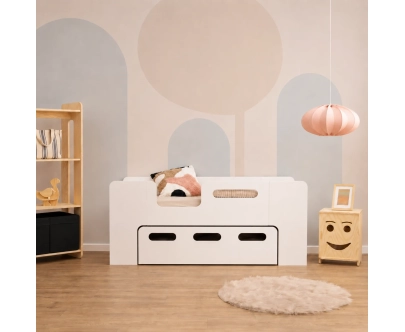 Łóżko dziecięce z szufladą i stelażem PIPI Montessori Drewniane