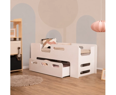 Łóżko dziecięce z szufladą i stelażem PIPI Montessori Drewniane