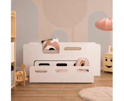 Łóżko dziecięce z szufladą i stelażem PIPI Montessori Drewniane