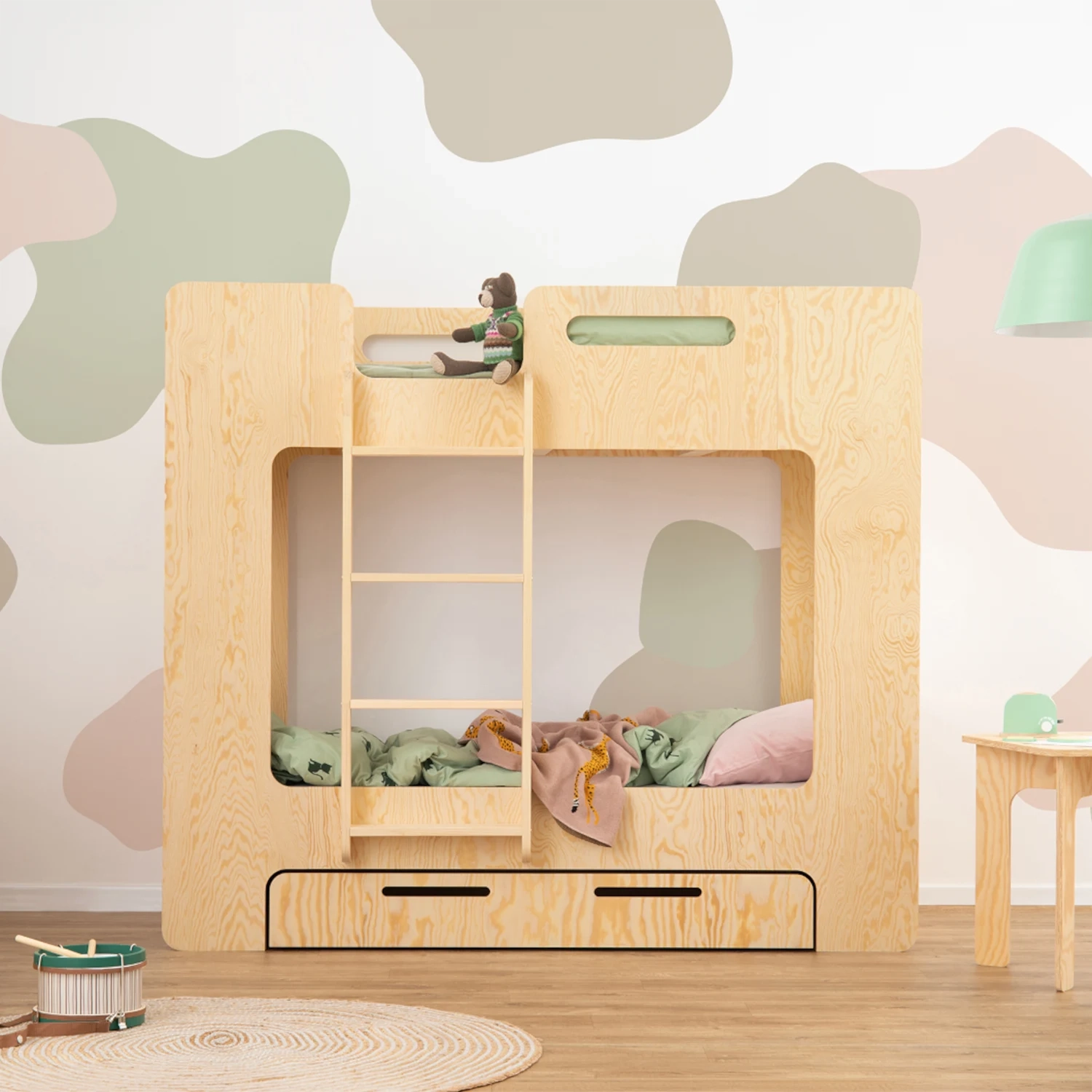 Łóżko piętrowe dla dzieci z szufladą i stelażem MIMI D Montessori Drewniane, Funkcja PRZECHOWYWANIA - w kolorze naturalnym 70x160 - Naturalny | Smartwood