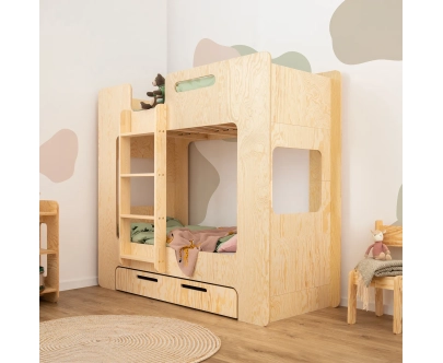 Łóżko piętrowe dla dzieci z szufladą i stelażem MIMI D Montessori Drewniane