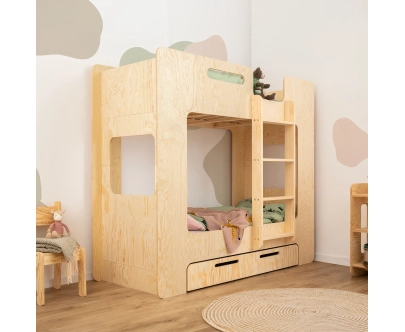 Łóżko piętrowe dla dzieci z szufladą i stelażem MIMI D Montessori Drewniane