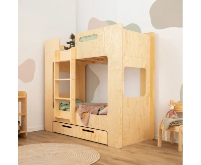 Łóżko piętrowe dla dzieci z szufladą i stelażem MIMI D Montessori Drewniane