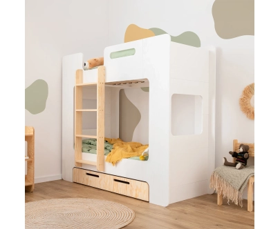 Łóżko piętrowe dla dzieci z szufladą i stelażem MIMI D Montessori Drewniane