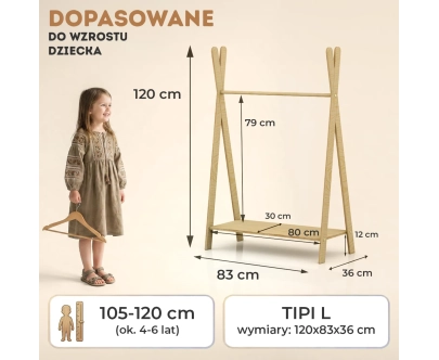 Wieszak na ubrania dla dzieci z półką na buty TIPI Montessori  Drewniany