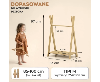Wieszak na ubrania dla dzieci z półką na buty TIPI Montessori  Drewniany