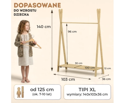 Wieszak na ubrania dla dzieci z półką na buty TIPI Montessori  Drewniany