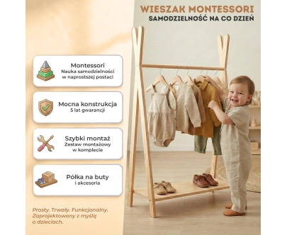 Wieszak na ubrania dla dzieci z półką na buty TIPI Montessori  Drewniany