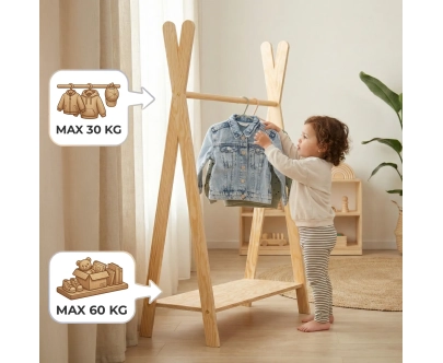 Wieszak na ubrania dla dzieci z półką na buty TIPI Montessori  Drewniany