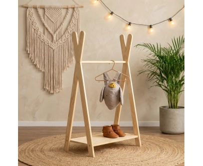 Wieszak na ubrania dla dzieci z półką na buty TIPI Montessori  Drewniany