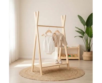 Wieszak na ubrania dla dzieci z półką na buty TIPI Montessori  Drewniany