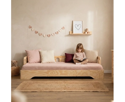 Łóżko pojedyncze dla dzieci z barierką i stelażem sofa TILA 1S Montessori Drewniane