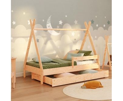 Łóżko domek dla dziecka z szufladą, barierką i stelażem TIPI D Montessori Drewniane