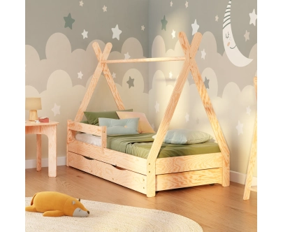 Łóżko domek dla dziecka z szufladą, barierką i stelażem TIPI D Montessori Drewniane