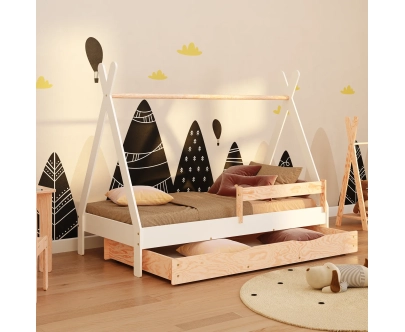 Łóżko domek dla dziecka z szufladą, barierką i stelażem TIPI D Montessori Drewniane