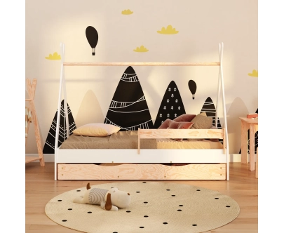 Łóżko domek dla dziecka z szufladą, barierką i stelażem TIPI D Montessori Drewniane