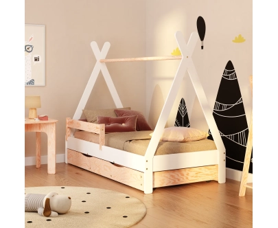 Łóżko domek dla dziecka z szufladą, barierką i stelażem TIPI D Montessori Drewniane