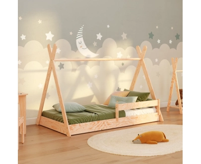 Łóżko domek podłogowe z barierką i stelażem TIPI F Montessori Drewniane