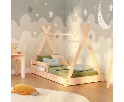 Łóżko domek podłogowe z barierką i stelażem TIPI F Montessori Drewniane