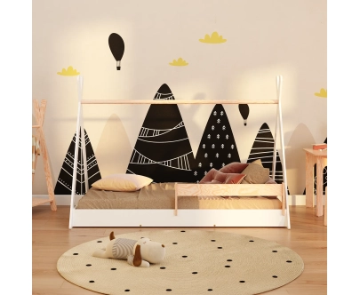 Łóżko domek podłogowe z barierką i stelażem TIPI F Montessori Drewniane
