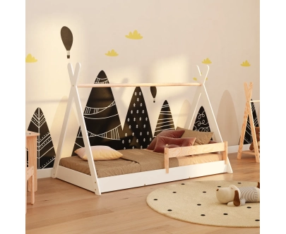 Łóżko domek podłogowe z barierką i stelażem TIPI F Montessori Drewniane