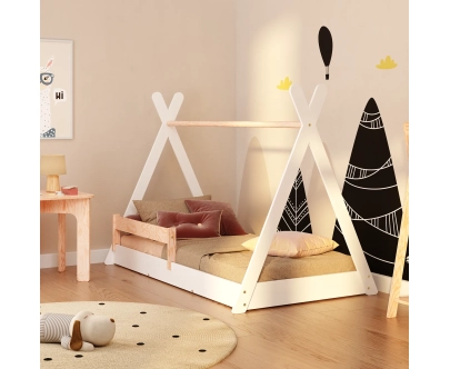 Łóżko domek podłogowe z barierką i stelażem TIPI F Montessori Drewniane