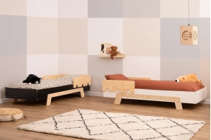 Łóżko pojedyncze dla dzieci z barierkami i stelażem PUZZLE BR2 Montessori Drewniane