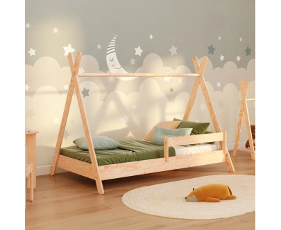 Łóżko domek dla dziecka z barierką i stelażem TIPI Montessori Drewniane