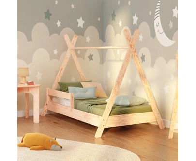 Łóżko domek dla dziecka z barierką i stelażem TIPI Montessori Drewniane