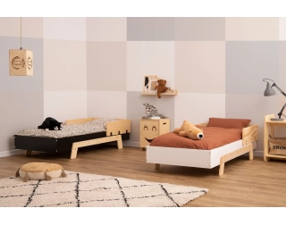 Łóżko pojedyncze dla dzieci z barierkami i stelażem PUZZLE BR2 Montessori Drewniane