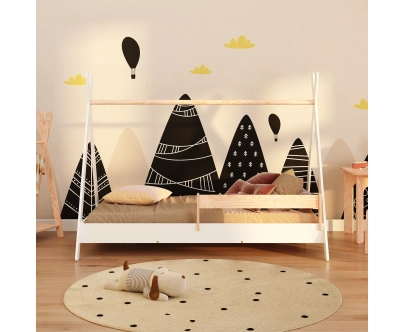 Łóżko domek dla dziecka z barierką i stelażem TIPI Montessori Drewniane