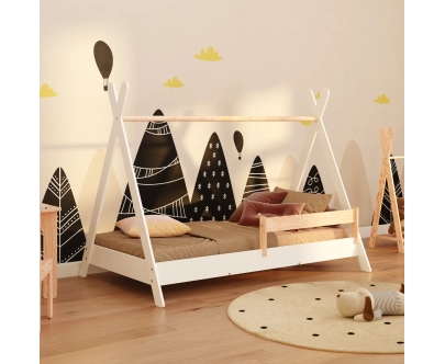 Łóżko domek dla dziecka z barierką i stelażem TIPI Montessori Drewniane
