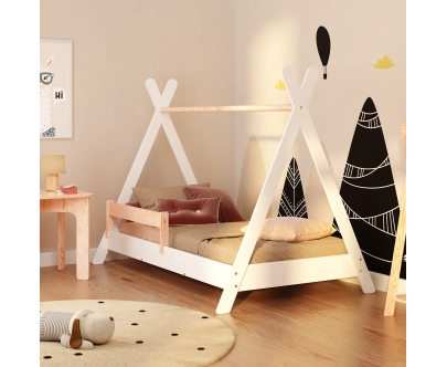 Łóżko domek dla dziecka z barierką i stelażem TIPI Montessori Drewniane