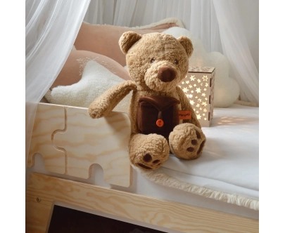 Łóżko pojedyncze dla dzieci z barierką i stelażem PUZZLE BR1 Montessori Drewniane