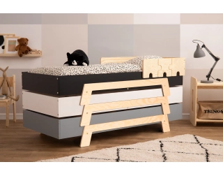Łóżko pojedyncze dla dzieci z barierkami i stelażem PUZZLE BR2 Montessori Drewniane