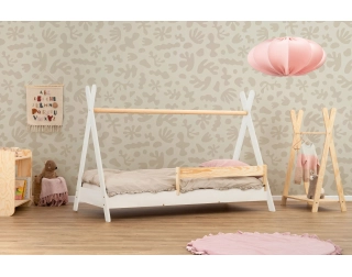 Łóżko domek dla dziecka z barierką i stelażem TIPI Montessori Drewniane